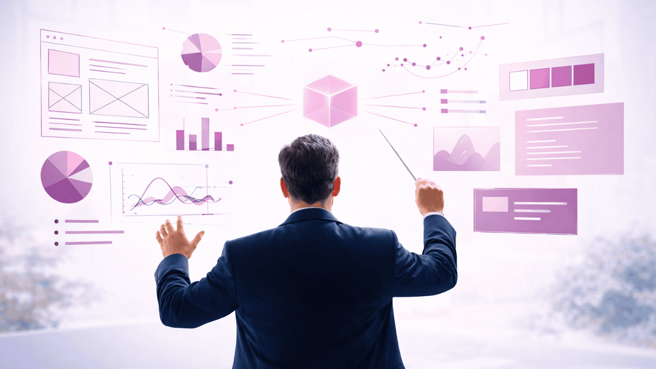 Creative director orchestrating floating AI design elements in purple and pink tones, symbolizing human-led artificial intelligence.