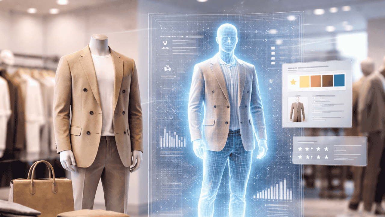 Realistic fashion boutique with a mannequin beside a subtle holographic digital twin and data overlays, illustrating AI-powered retail and digital twins.