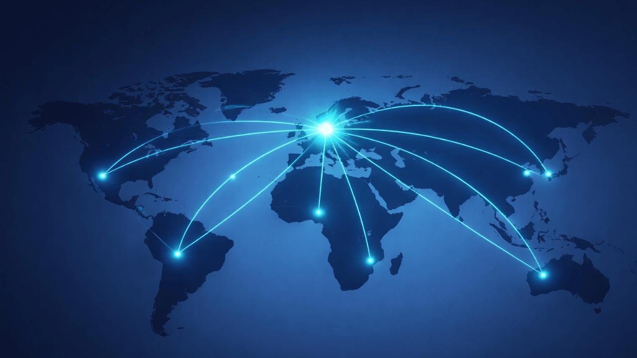 Minimalist world map in navy and turquoise with glowing connections from Scandinavia, symbolizing Nordic global expansion and brand strategy.